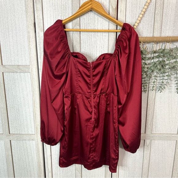 Windsor Sweet & Chic Satin Mini Dress Long Balloon Sleeve Corset Red NWT Size L - Picture 5 of 9